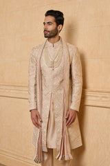 Resham and Zari Aari Embroidered Nude Sherwani