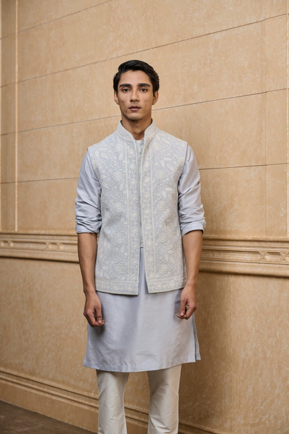 Light Blue Embroidered Kurta Bundi Set