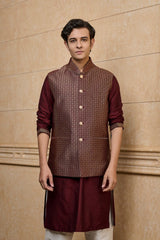 Wine Brocade Kurta Bundi Set