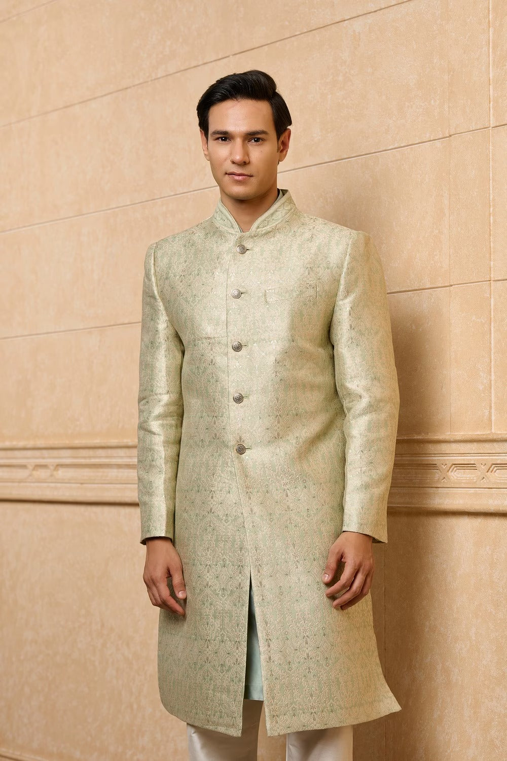 Light Green Embroidered Brocade Sherwani Set