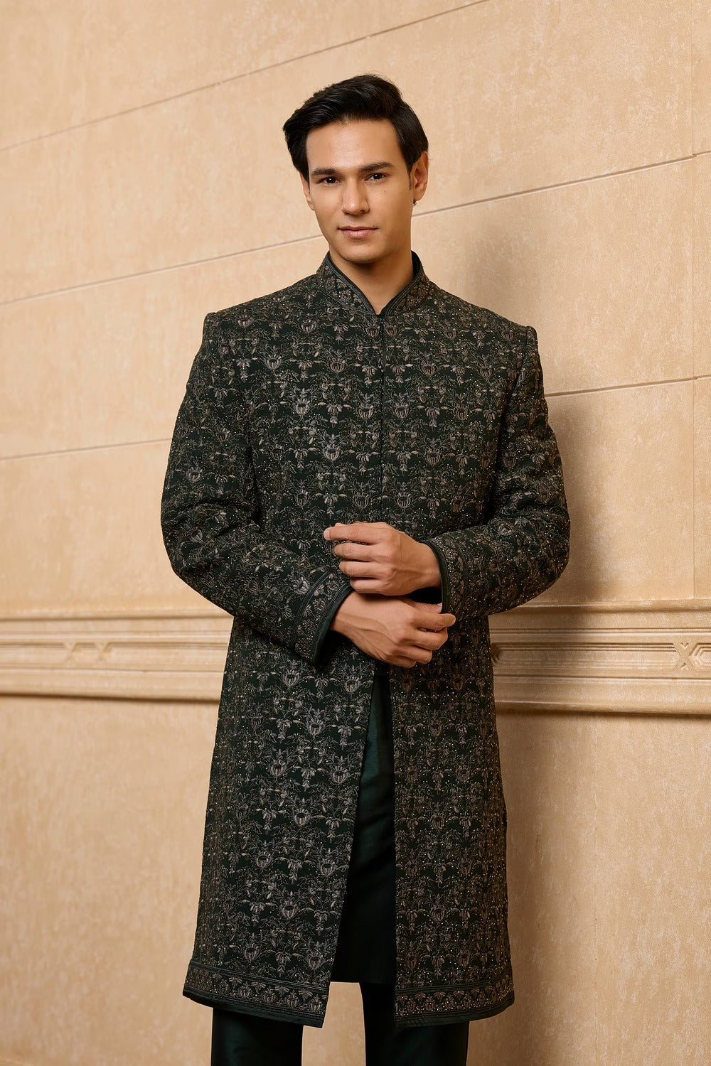 Black Tonal Floral Sherwani Set