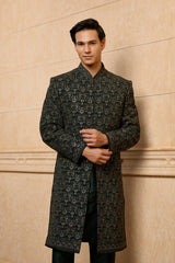 Black Tonal Floral Sherwani Set