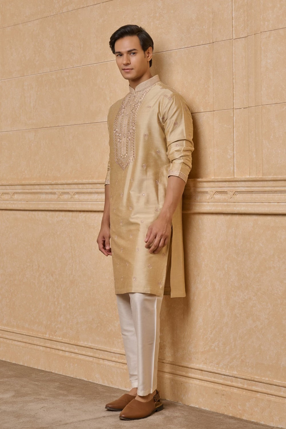 Beige All Over Embroidered Kurta Set
