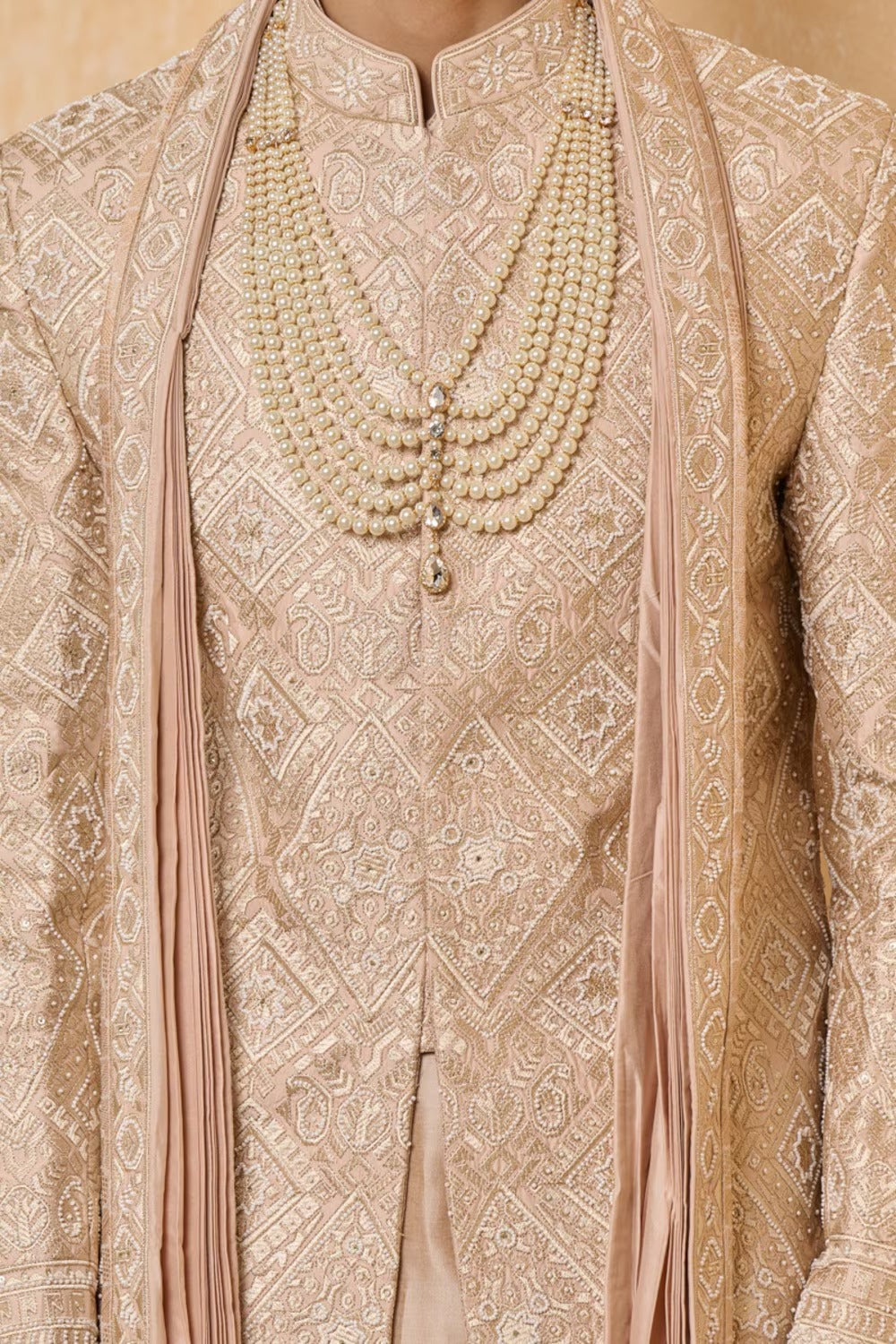 Resham and Zari Aari Embroidered Nude Sherwani