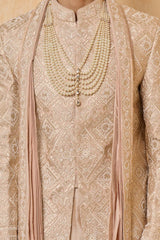 Resham and Zari Aari Embroidered Nude Sherwani