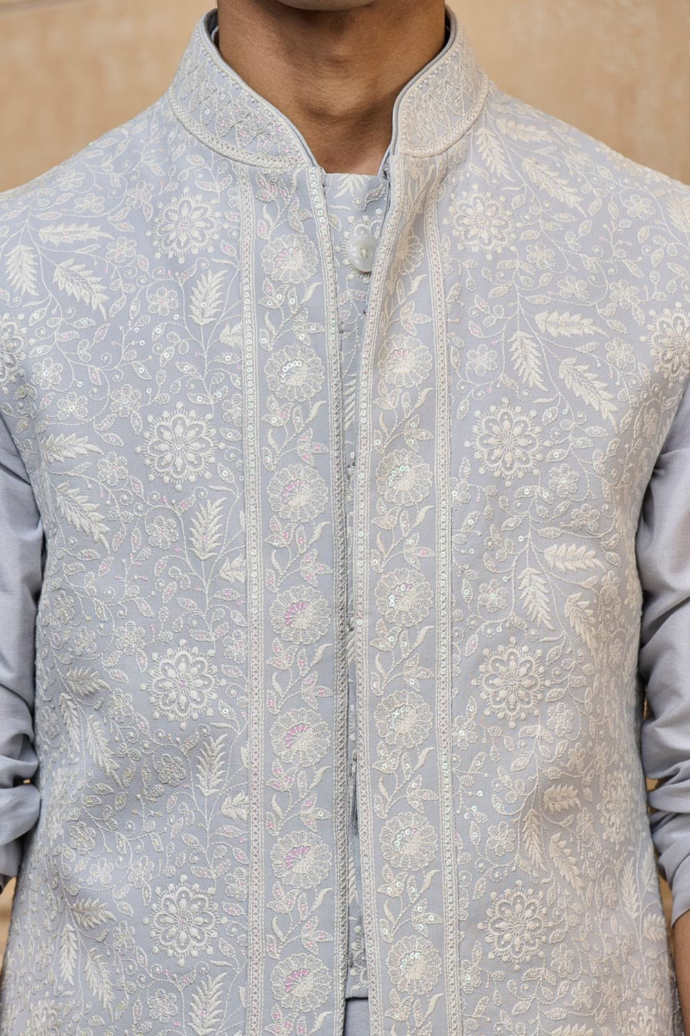 Light Blue Embroidered Kurta Bundi Set
