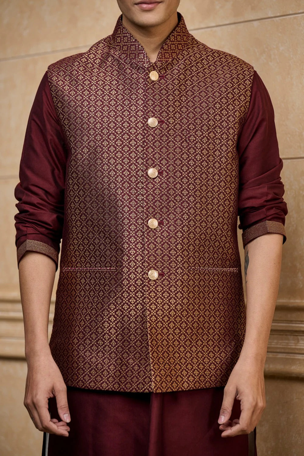 Wine Brocade Kurta Bundi Set