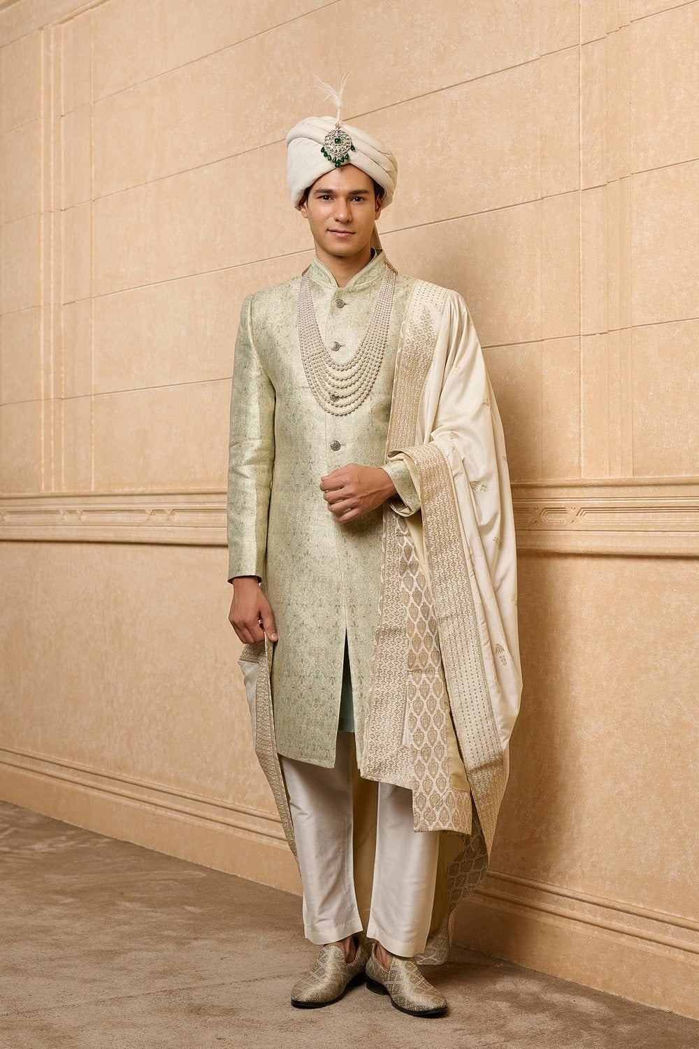 Light Green Embroidered Brocade Sherwani Set