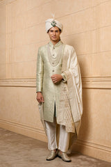 Light Green Embroidered Brocade Sherwani Set