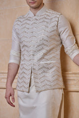 Ivory All Over Embroidered Single Bundi