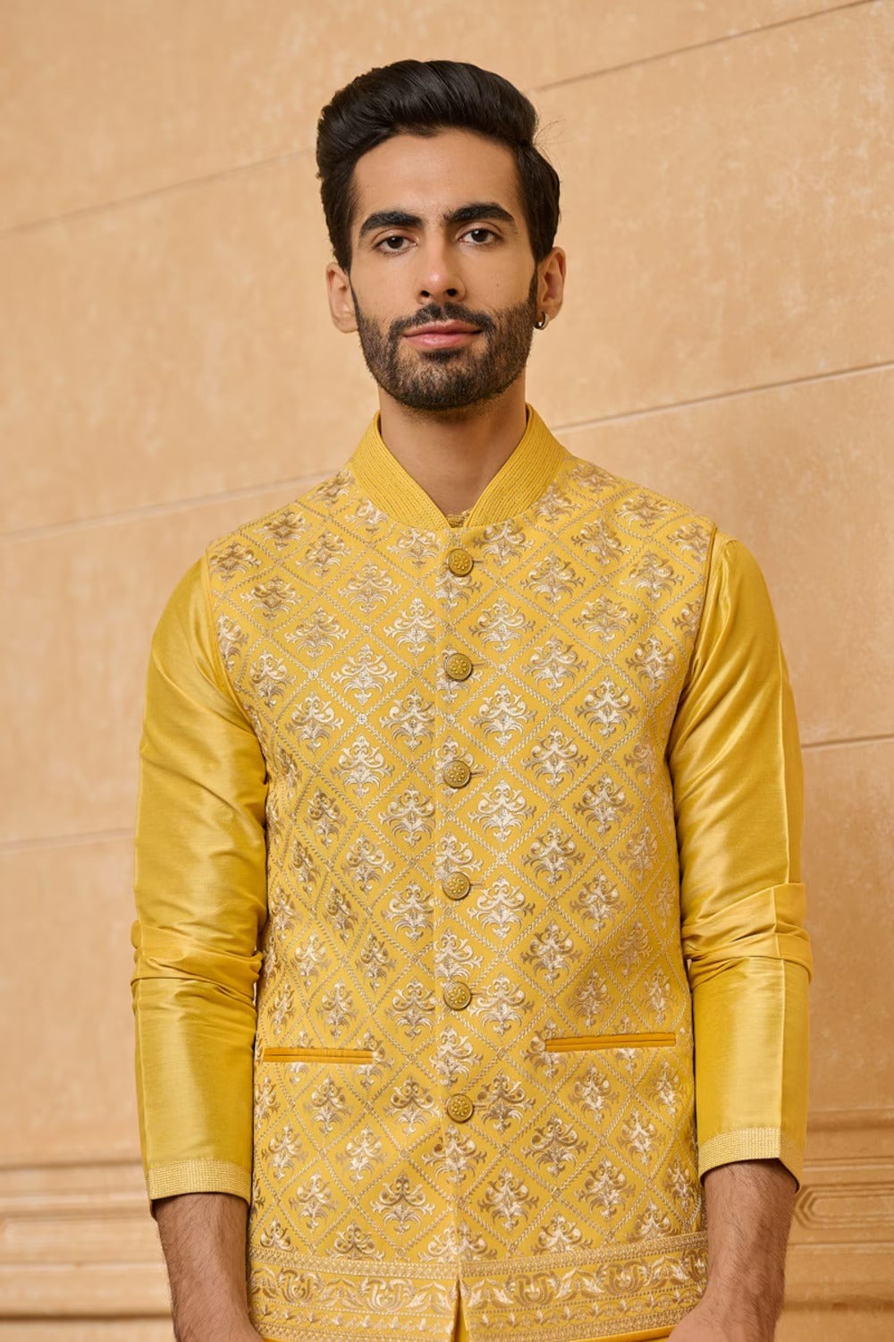 Yellow Georgette Embroidered Kurta Bundi Set