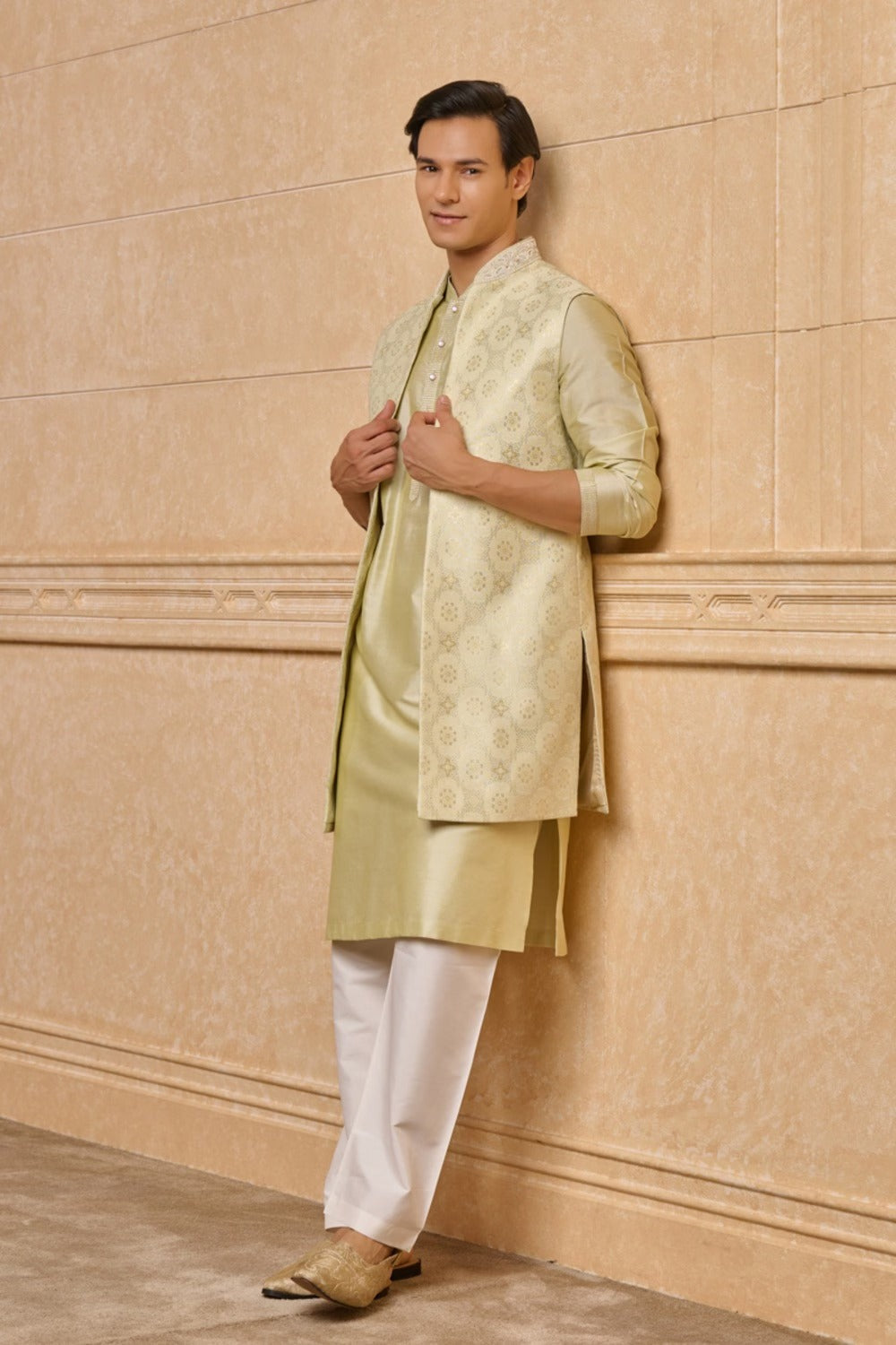 Light Green Long Open Kurta Bundi Set