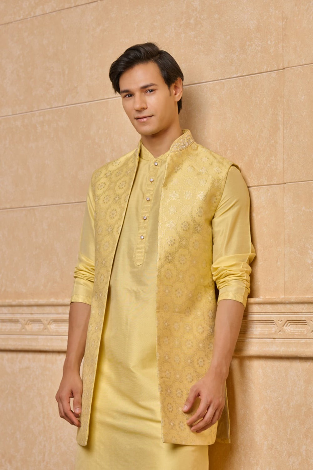 Yellow Long Open Kurta Bundi Set