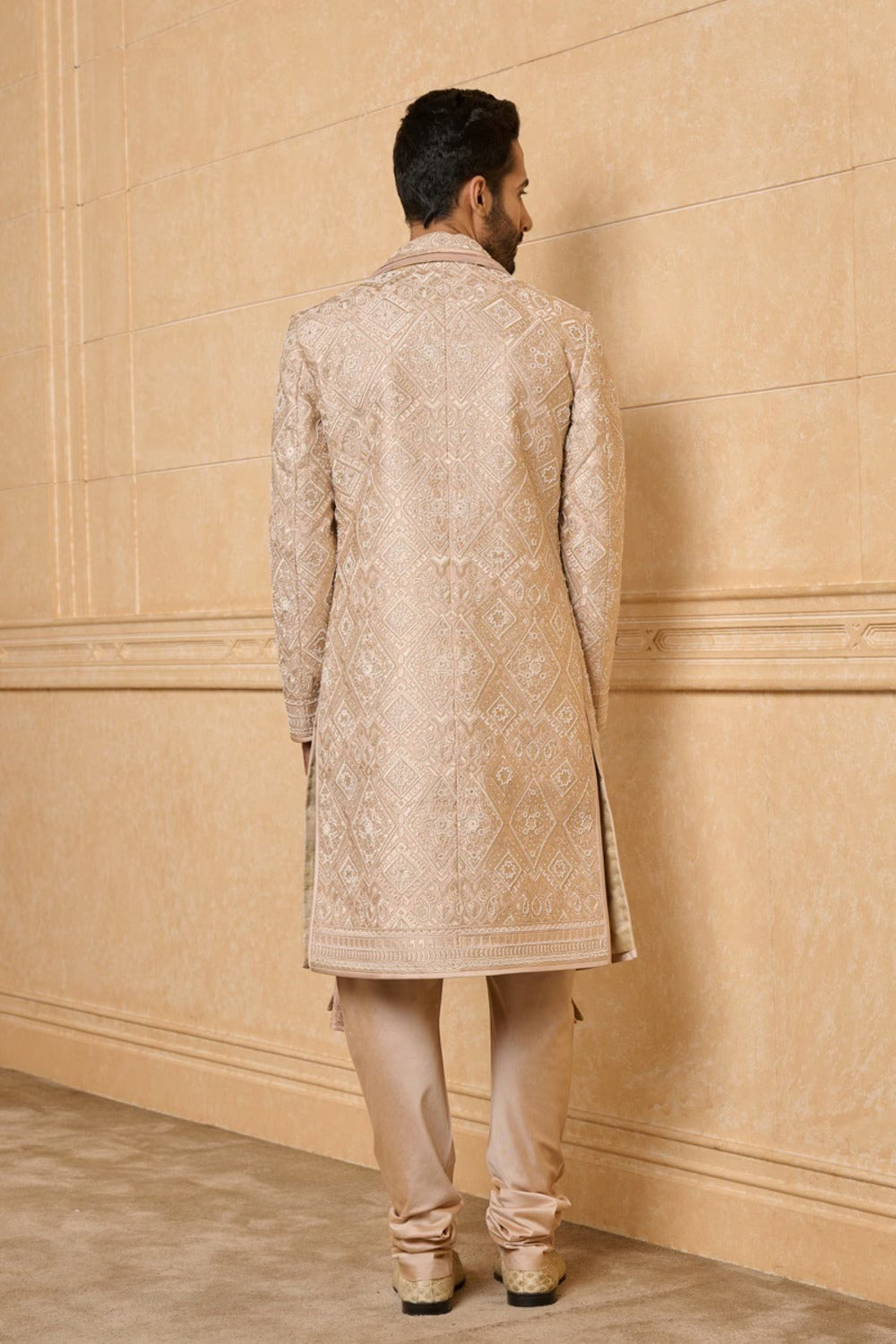 Resham and Zari Aari Embroidered Nude Sherwani