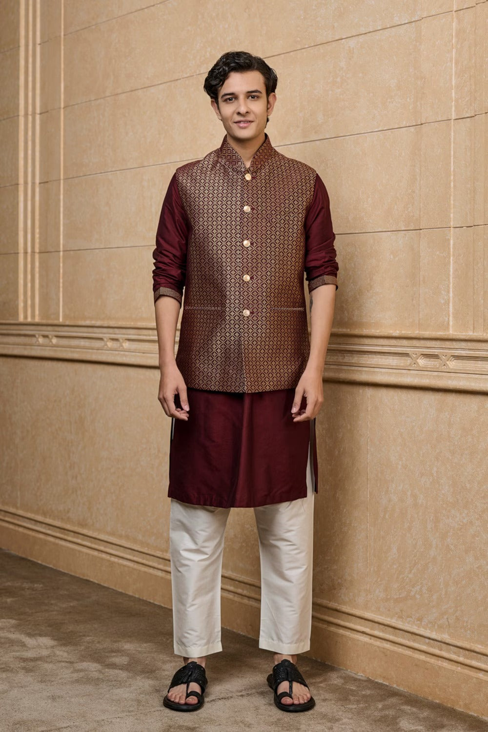 Wine Brocade Kurta Bundi Set