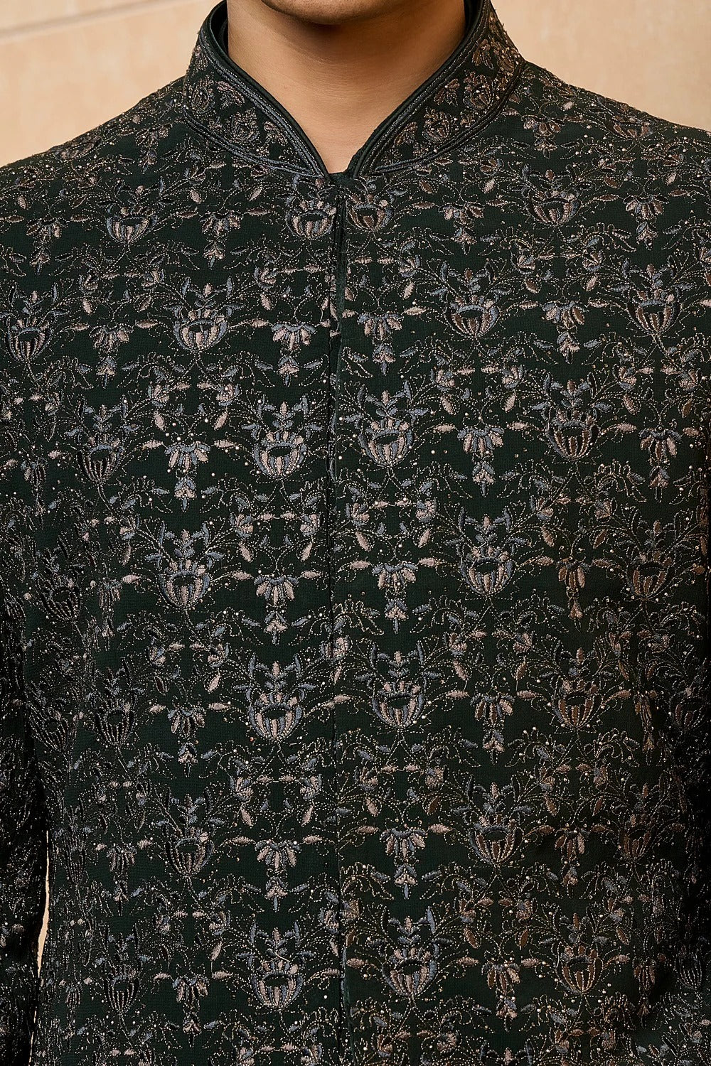 Black Tonal Floral Sherwani Set