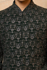 Black Tonal Floral Sherwani Set