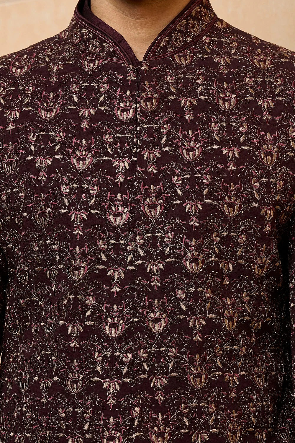 Wine Jacquard Sherwani Set