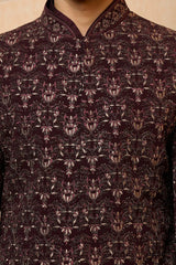 Wine Jacquard Sherwani Set