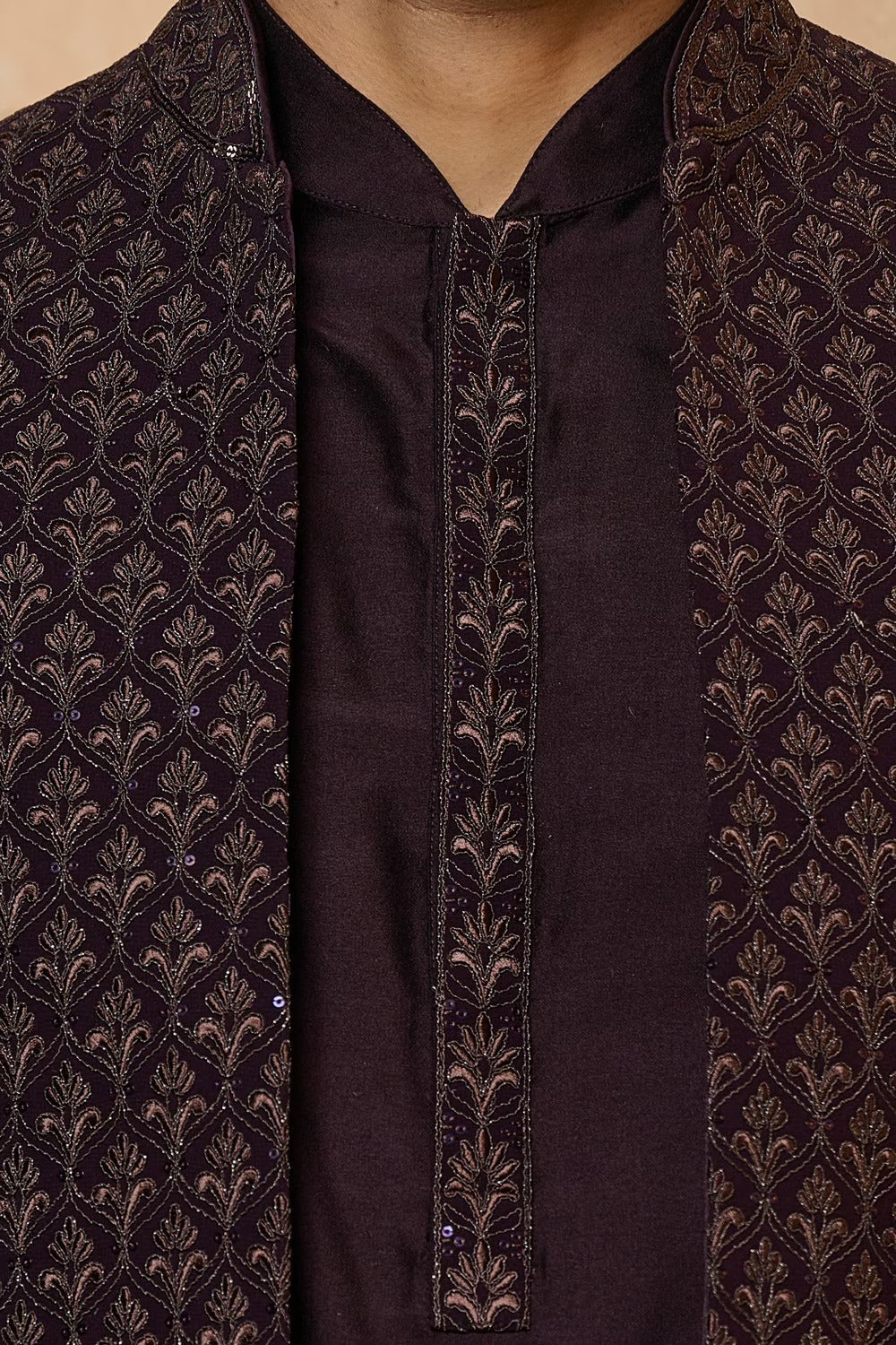 Dark Purple Leaf Bush Sherwani Set