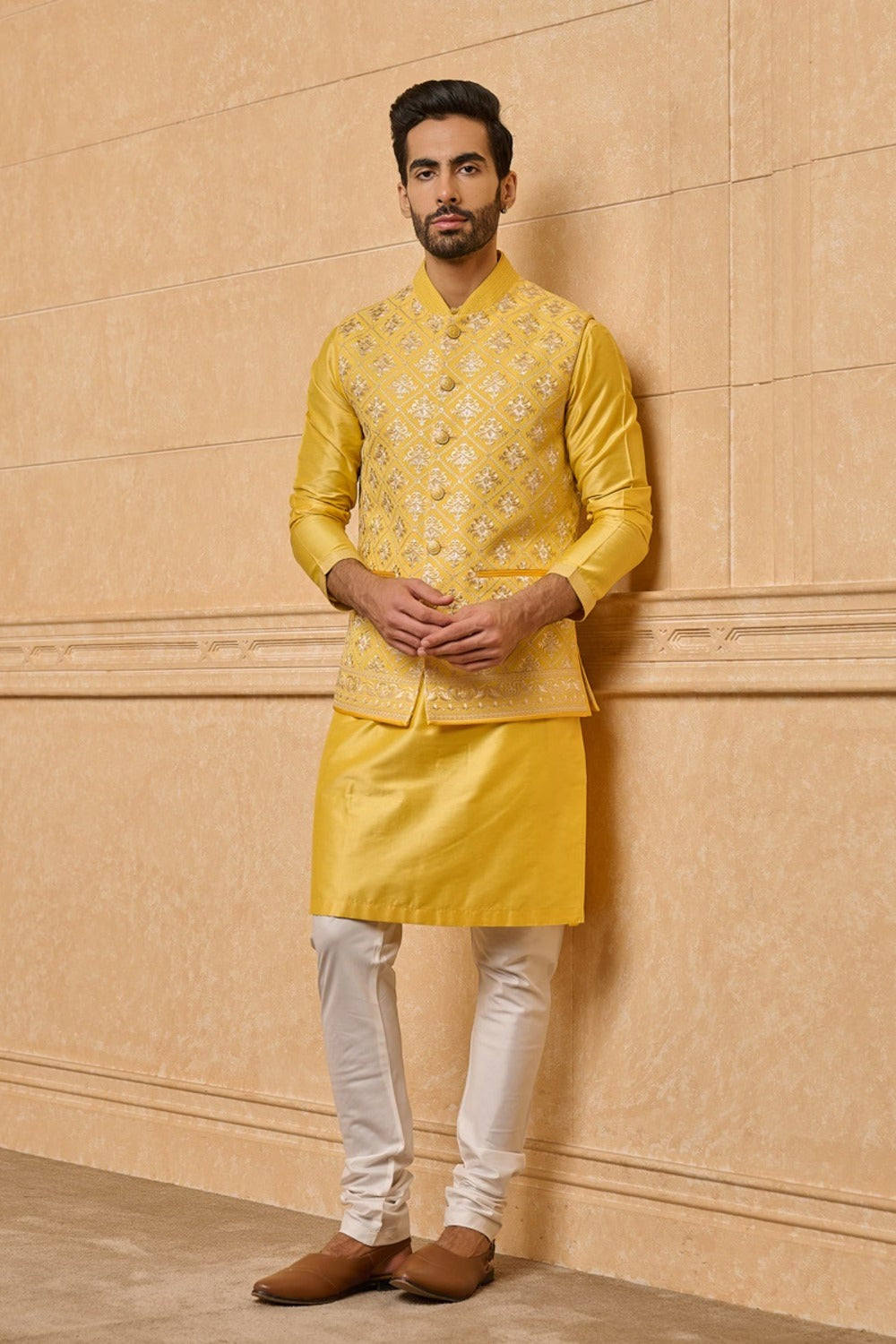 Yellow Georgette Embroidered Kurta Bundi Set