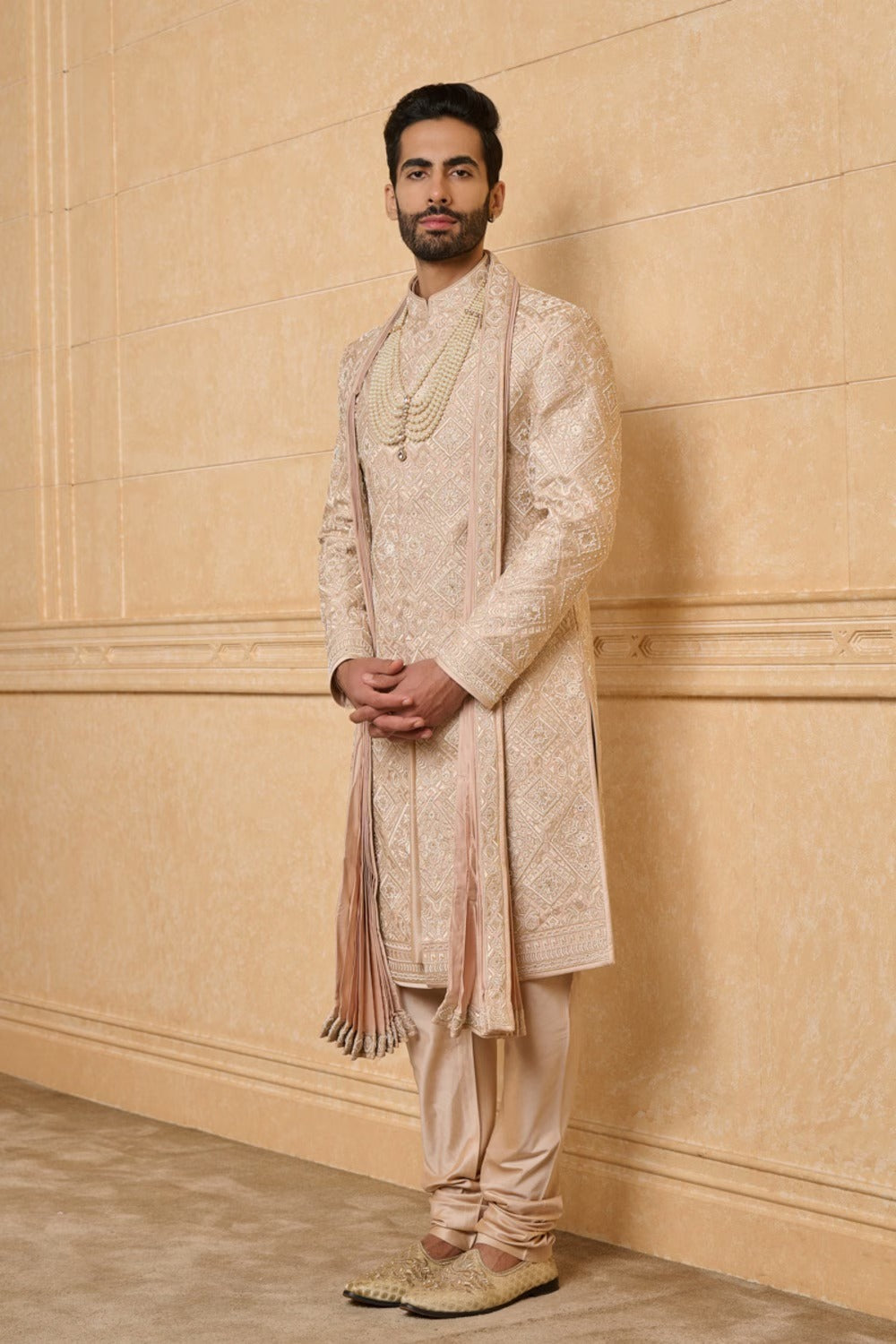 Resham and Zari Aari Embroidered Nude Sherwani