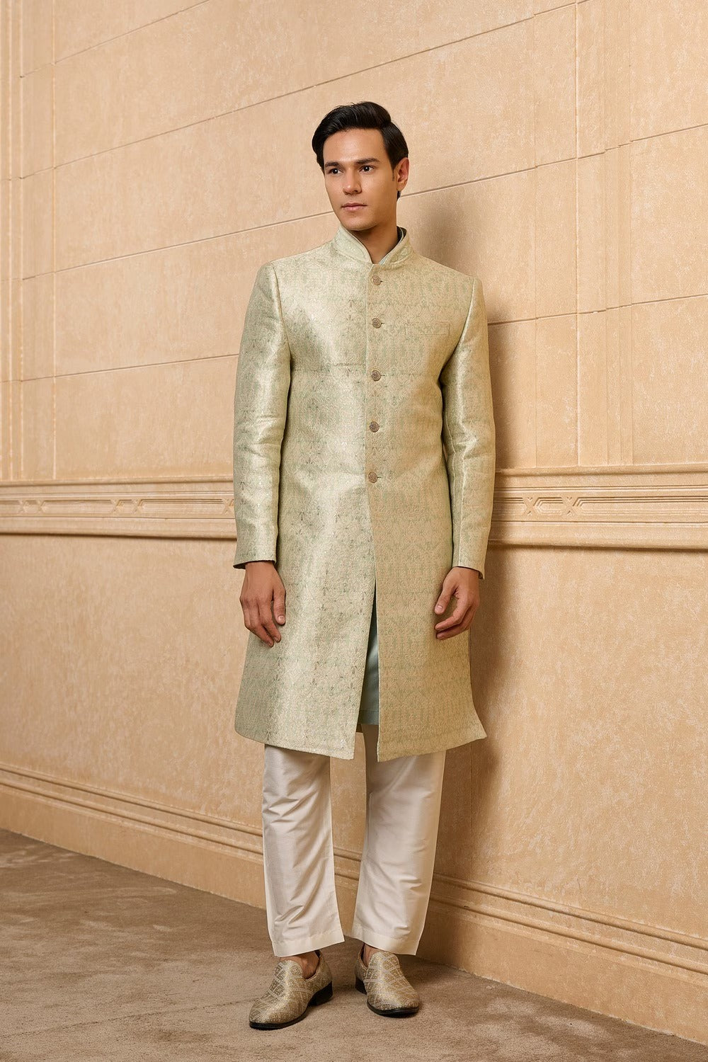 Light Green Embroidered Brocade Sherwani Set
