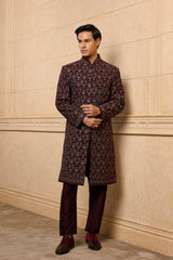 Wine Jacquard Sherwani Set
