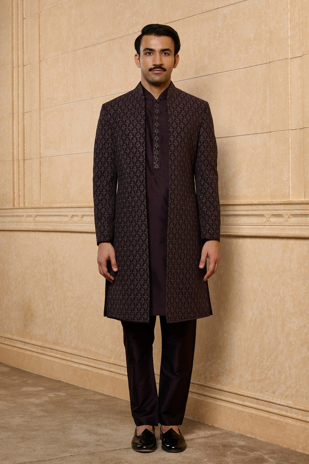 Dark Purple Leaf Bush Sherwani Set