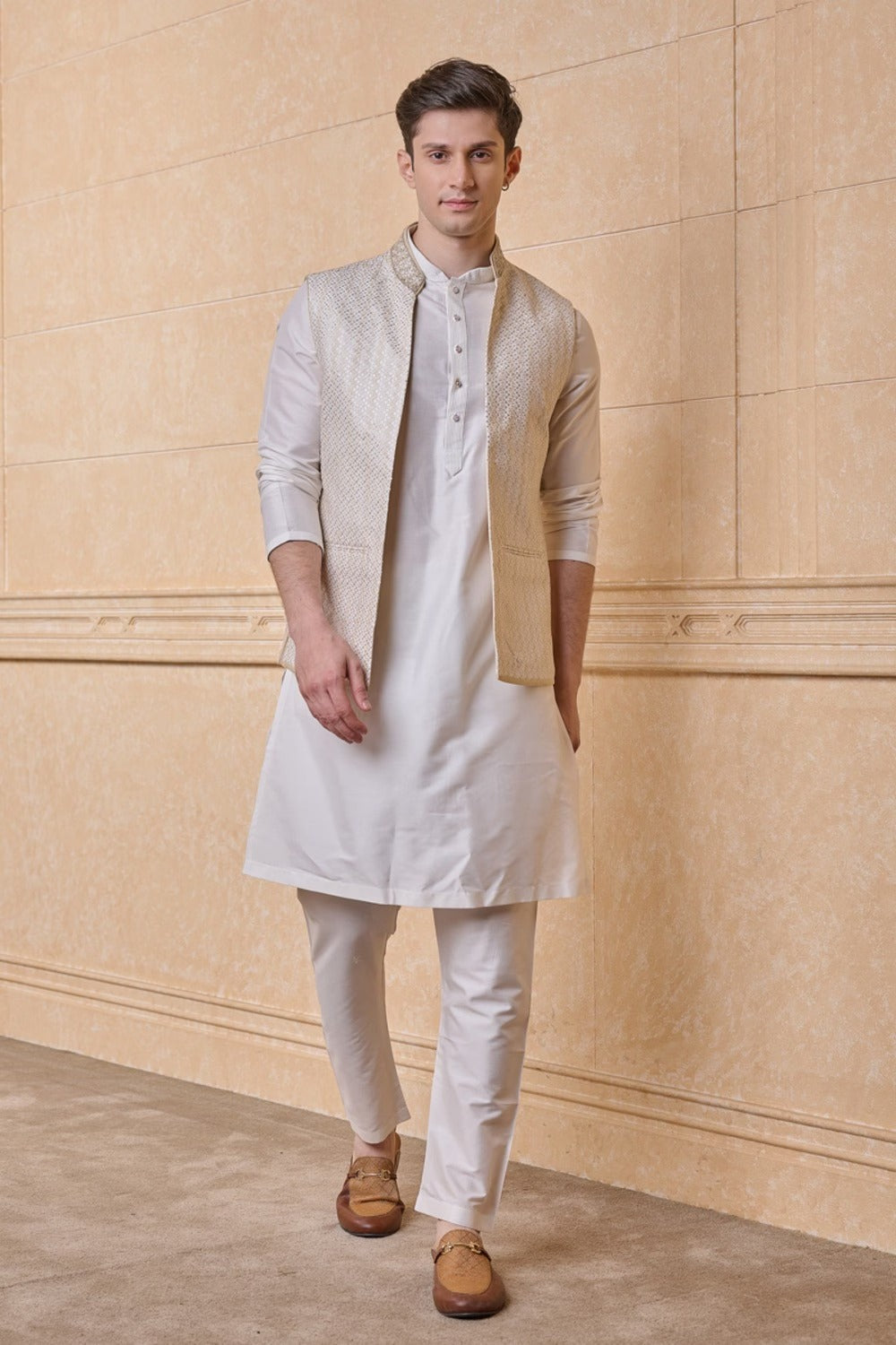 Ivory All Over Embroidered Kurta Bundi Set