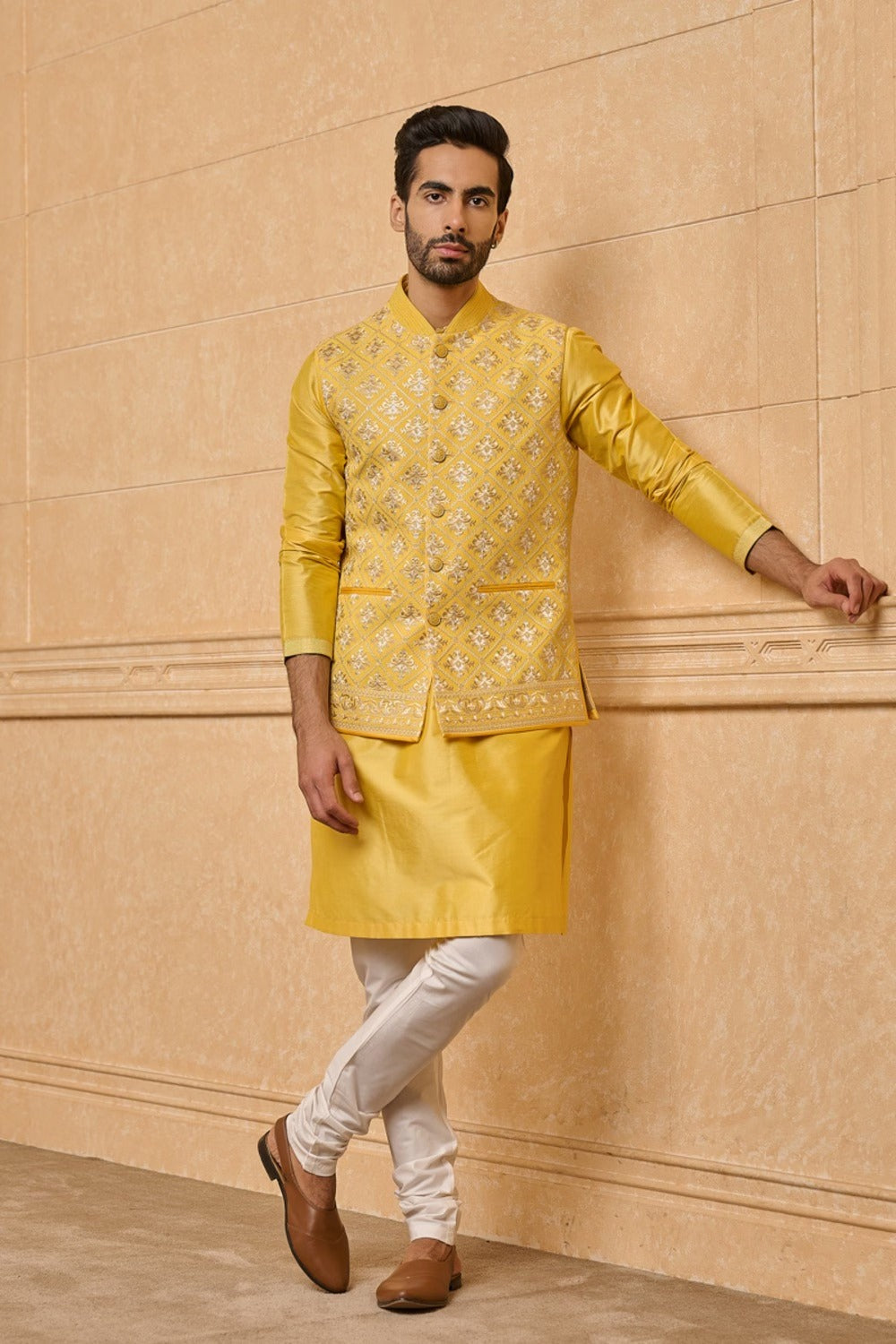 Yellow Georgette Embroidered Kurta Bundi Set