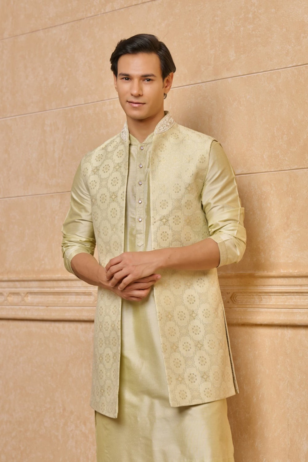 Light Green Long Open Kurta Bundi Set