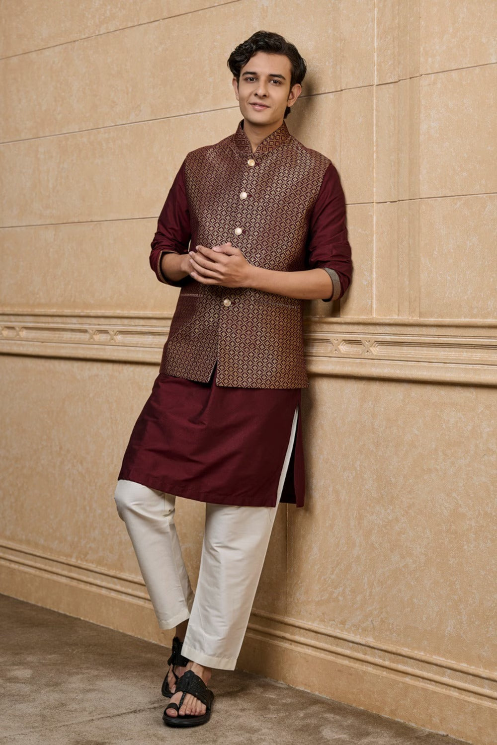 Wine Brocade Kurta Bundi Set