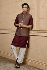 Wine Brocade Kurta Bundi Set