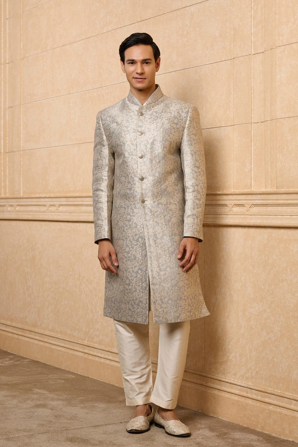 Ash Grey Bloom Sherwani Set