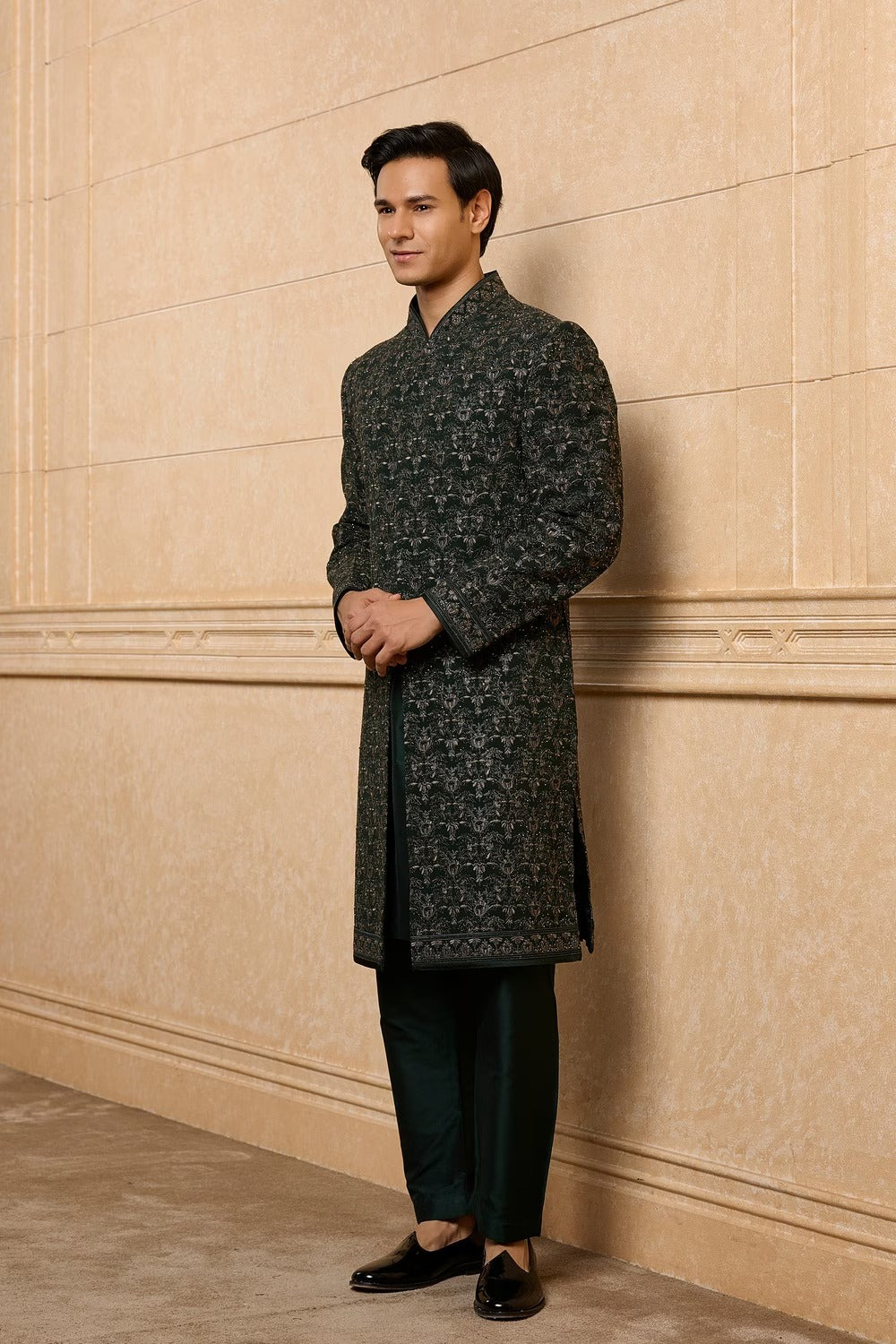 Black Tonal Floral Sherwani Set