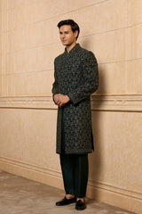 Black Tonal Floral Sherwani Set