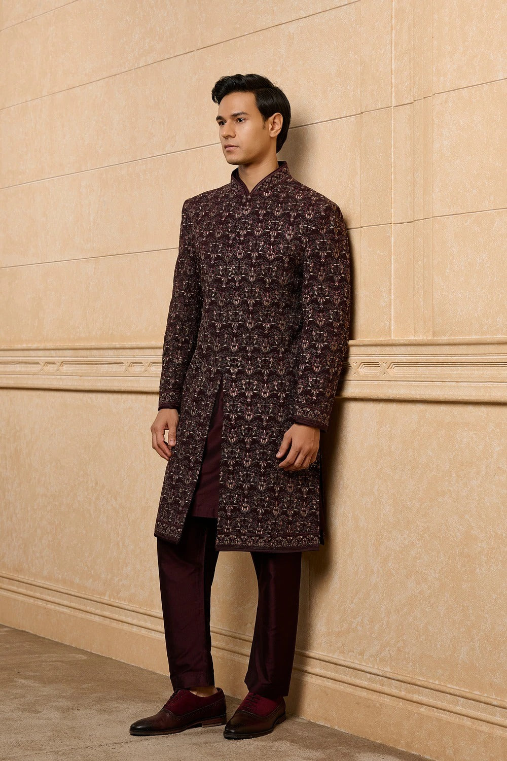 Wine Jacquard Sherwani Set