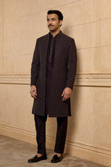 Dark Purple Leaf Bush Sherwani Set