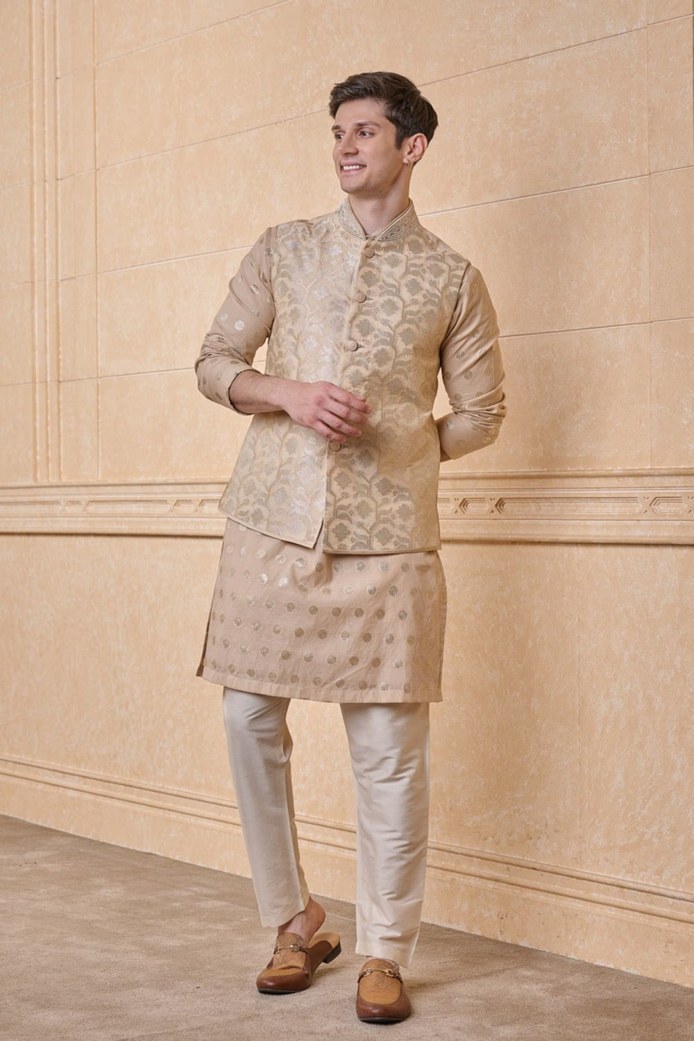 Gold Jacquard Kurta Bundi Set