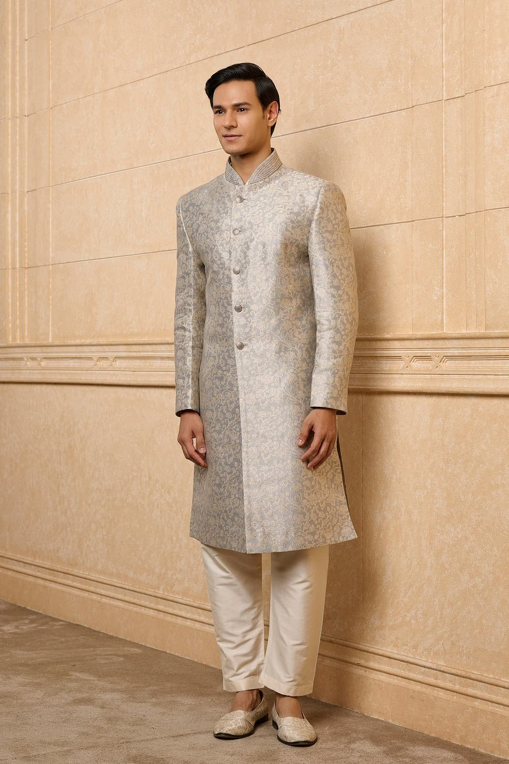 Ash Grey Bloom Sherwani Set