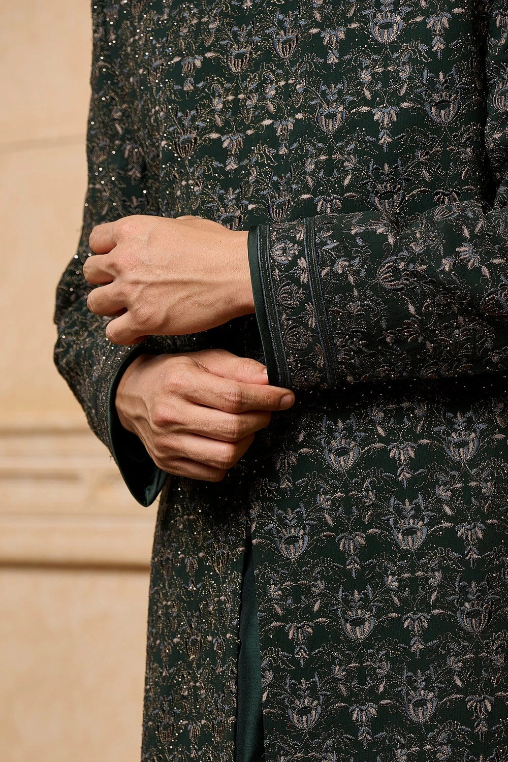 Black Tonal Floral Sherwani Set