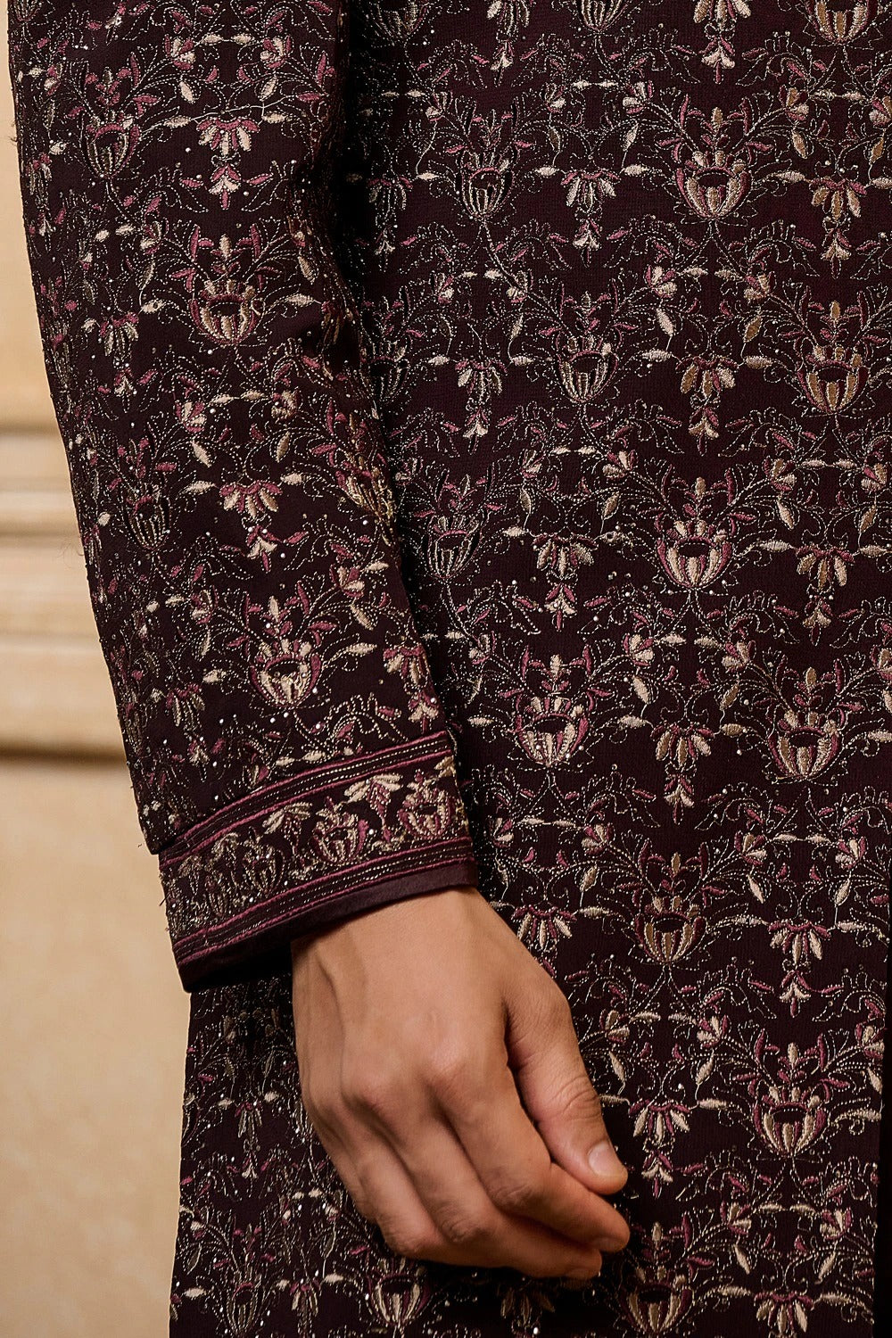 Wine Jacquard Sherwani Set