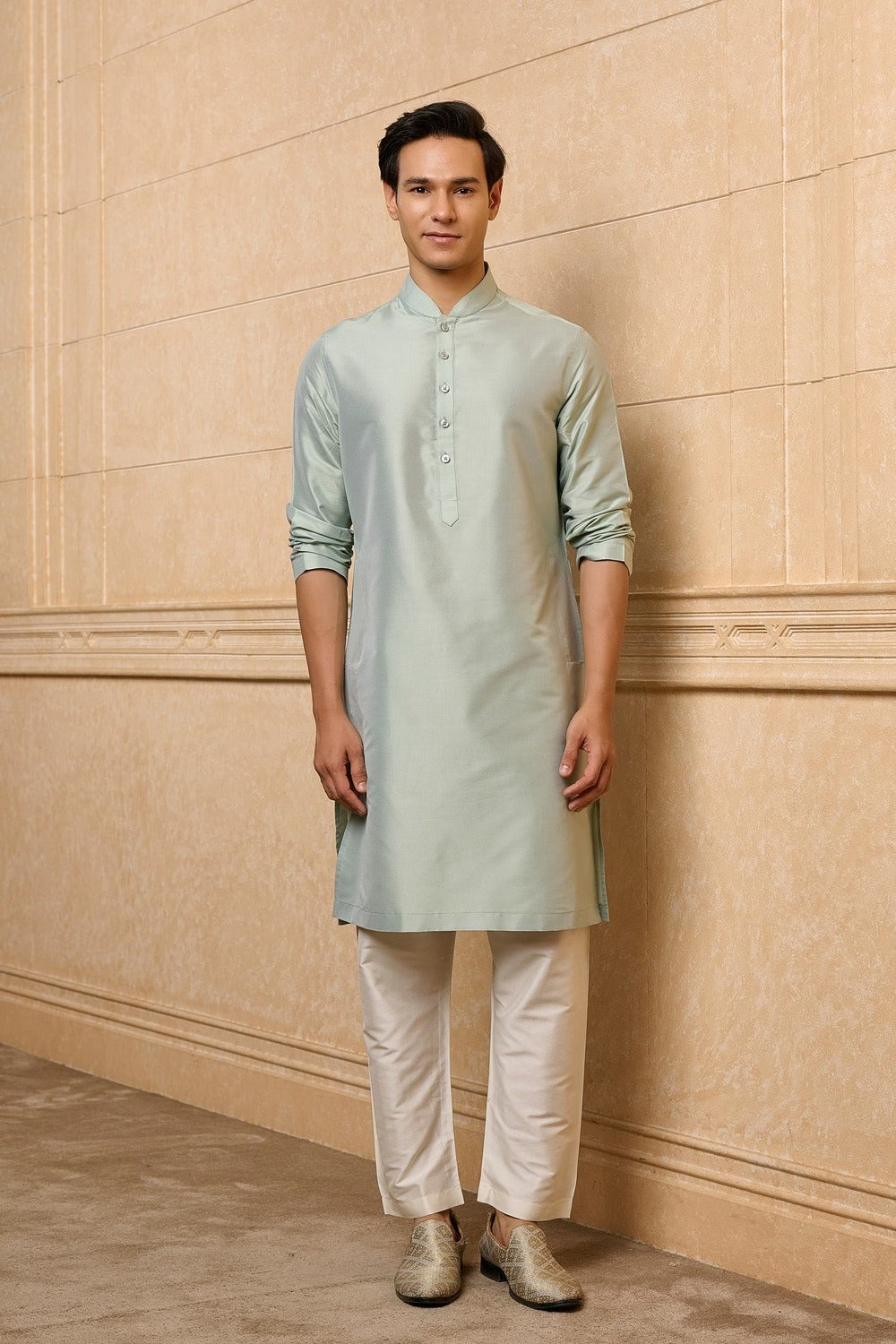 Light Green Embroidered Brocade Sherwani Set
