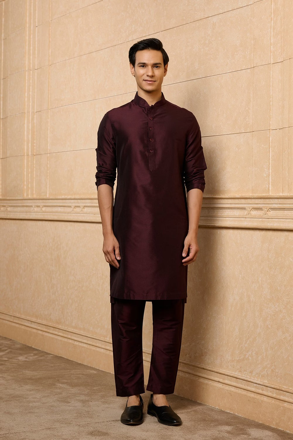 Wine Jacquard Sherwani Set