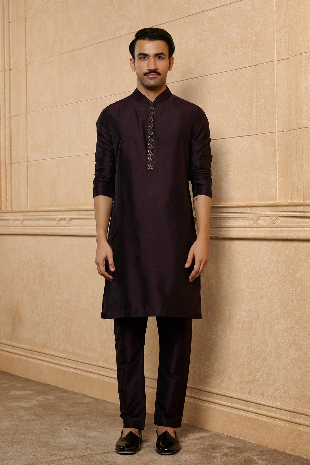Dark Purple Leaf Bush Sherwani Set