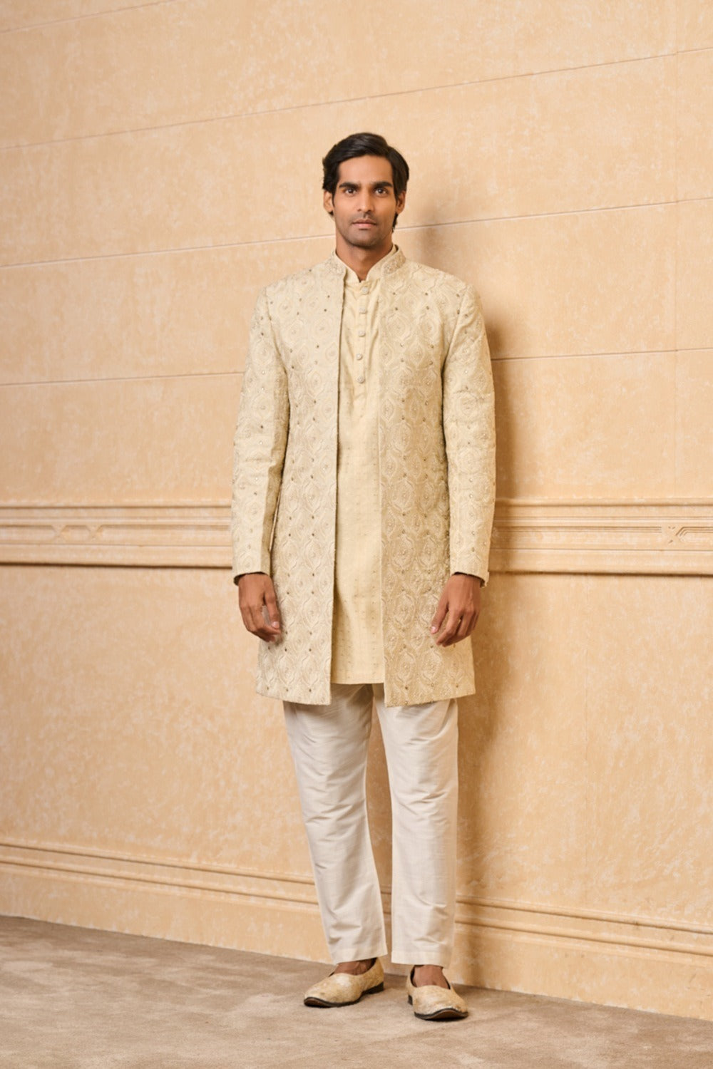 Cream Embroidered Sherwani With Jacquard Kurta