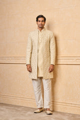 Cream Embroidered Sherwani With Jacquard Kurta