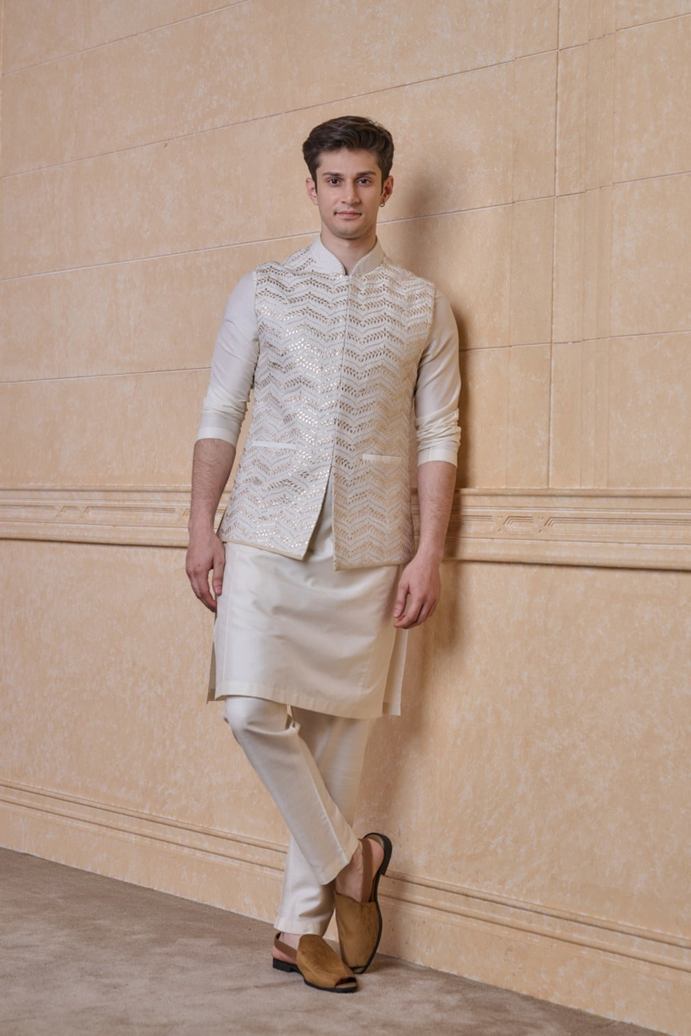 Ivory All Over Embroidered Single Bundi