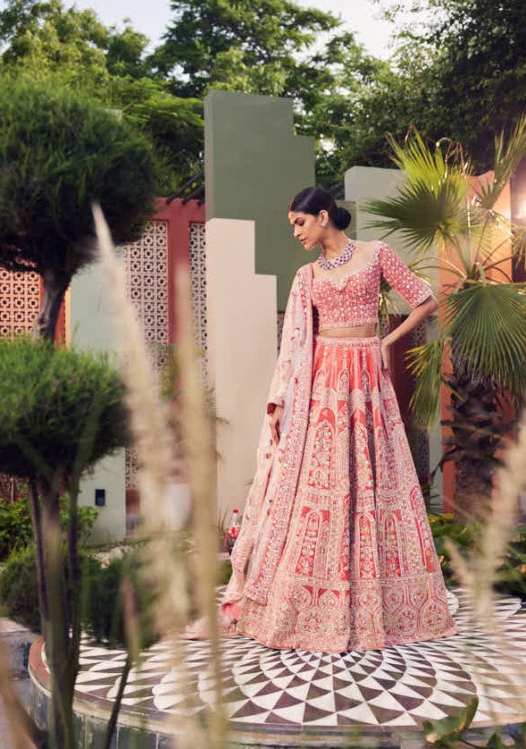 Coral velvet heavily embellished lehenga